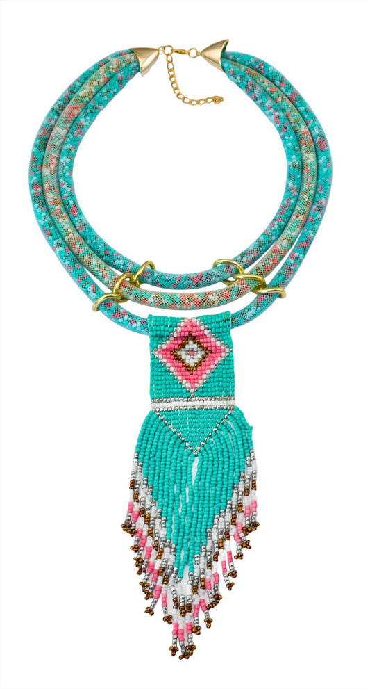 African Resin Beaded Tassel  Maxi Necklace - Desante Fashions